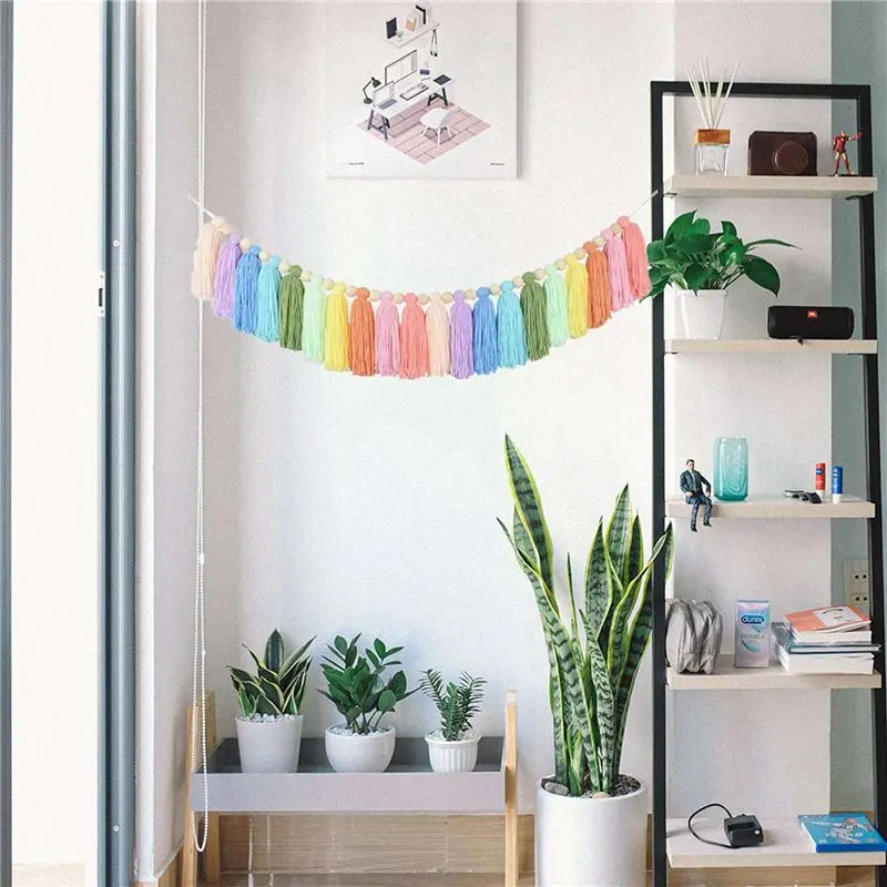 5Pcs 37Inch Pastel Rainbow Tassel Garland With Wood Bead Colorful Tapestry For Bedroom Wall Classroom Nursery