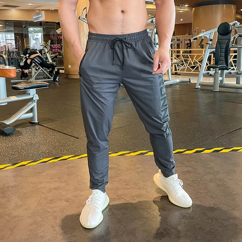 Sport Pant for Men Running Fitness Joggers Quick Dry Summer Ice Silk Elastic Gym Exercise Zipper Pockets Training Pants