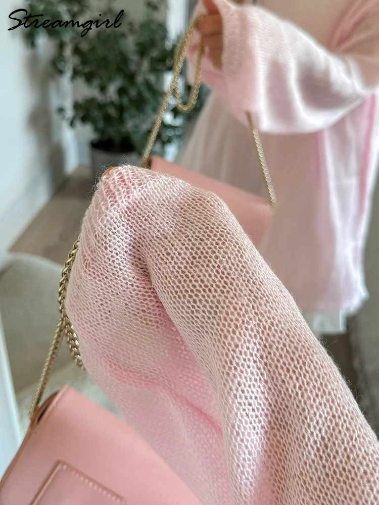 Women Summer Oversized Hollow Out Sweater Pink Loose Thin Pullover See Through Tops Long Sleeve Knitted Transparent Sweaters