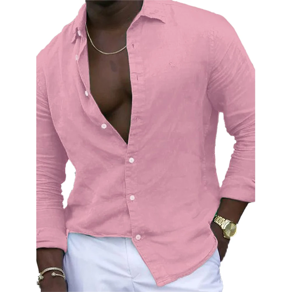 Mens Casual Shirt Long Sleeve Loose Blouse Band Collar Button Down Shirts Tops