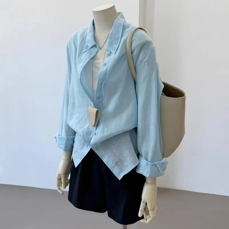 

2025 Lazy Premium Shirt Loose Blue Shirt New Autumn Casual Thin Long Sleeve Top Jacket