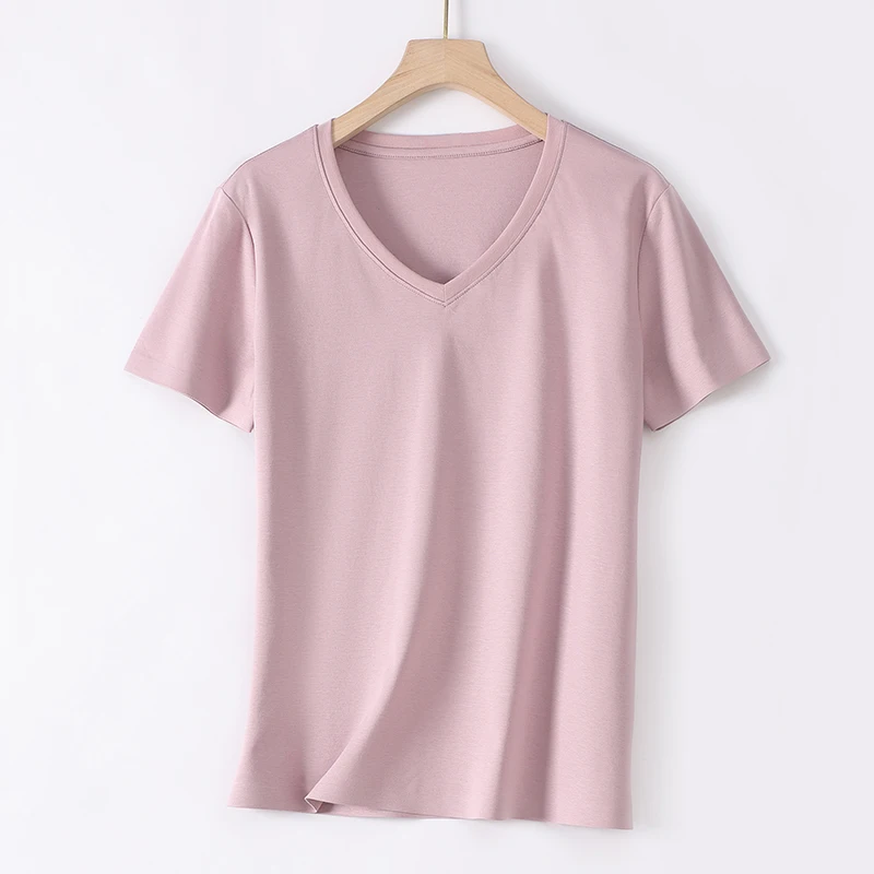 Summer New Silk Short T-shirt Female Mercerized Cotton Plus Size Loose V-neck Cool Quick-Drying Short Sleeves