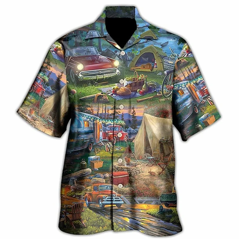 Men's Retro RV Printed Shirt Campsite Printed Shirts Men's Breathable Button Shirt Summer Lapel Shirt Men's Short Sleeved Shirts