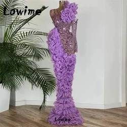 Sparkly Crystals Purple Evening Dresses Mermaid One Shoulder Celebrity Dress Long Sleeve Beaded Arabic Party Gowns Customized