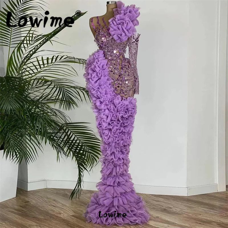 Sparkly Crystals Purple Evening Dresses Mermaid One Shoulder Illusion Celebrity Dress 2022 Couture Long Sleeve Beaded Party Gown