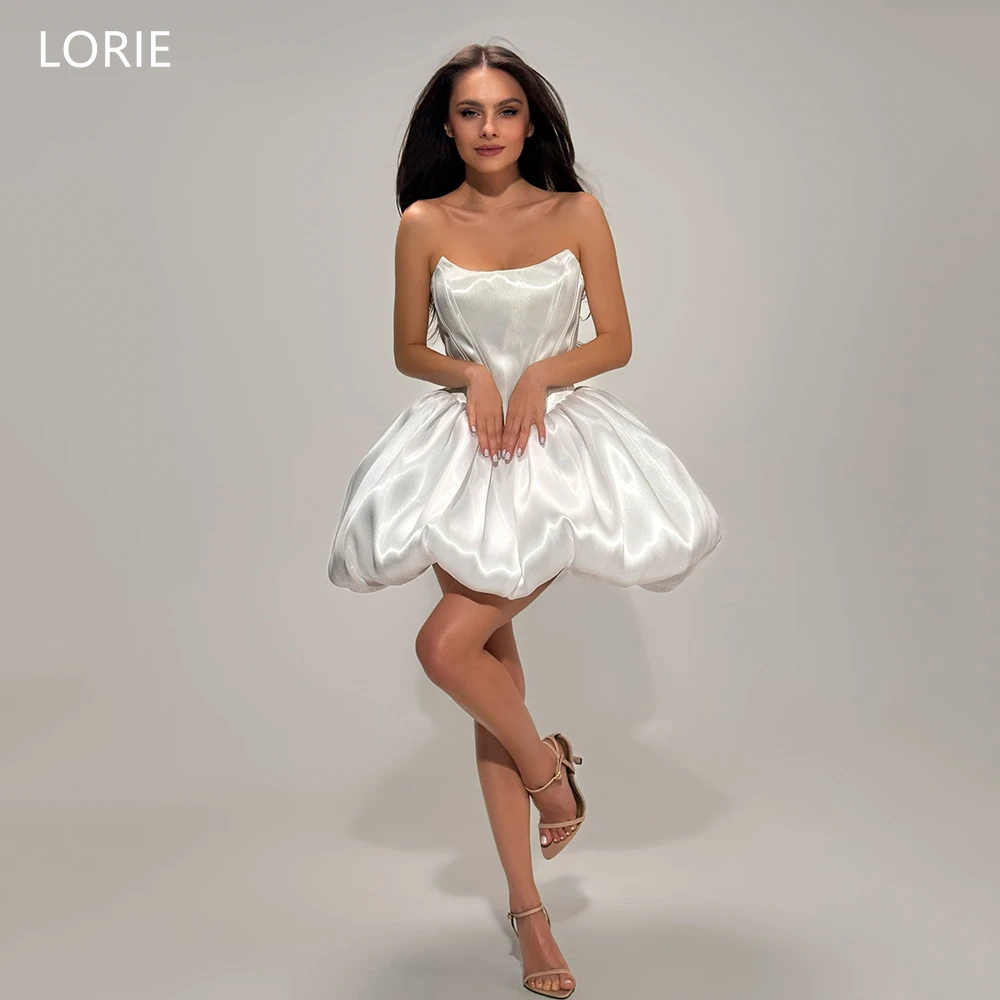 

LORIE Chic Glossy White Evening Dress Strapless Sleeveless Party Dresses Sexy Mini Draped A-Line Ball Prom Gowns Customized