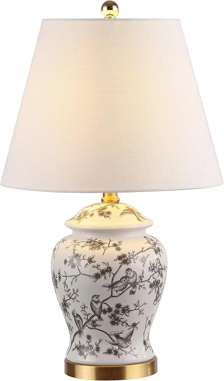 

22" French Country Ginger Jar Table Lamp, Gray White Chinoiserie Ceramic Bedside Lamp with LED Bulb