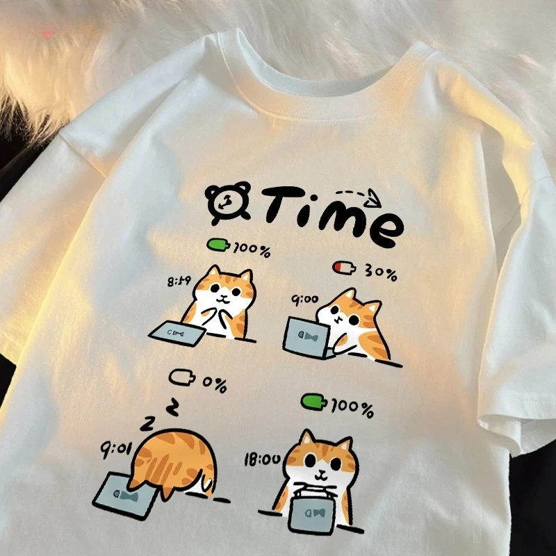 A Day When The Working Cat's Battery Is Low Printed Women T-Shirts Cartoons Prints T Shirts Round Neck Soft Tops Summer Clothes