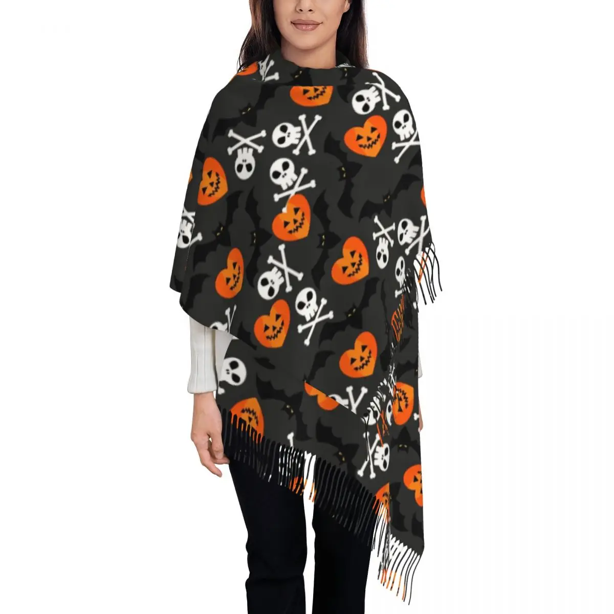 Halloween Symbol Shawls Wraps for Womens Warm Single-sided Pattern Scarf Neckerchief Tassel Scarves