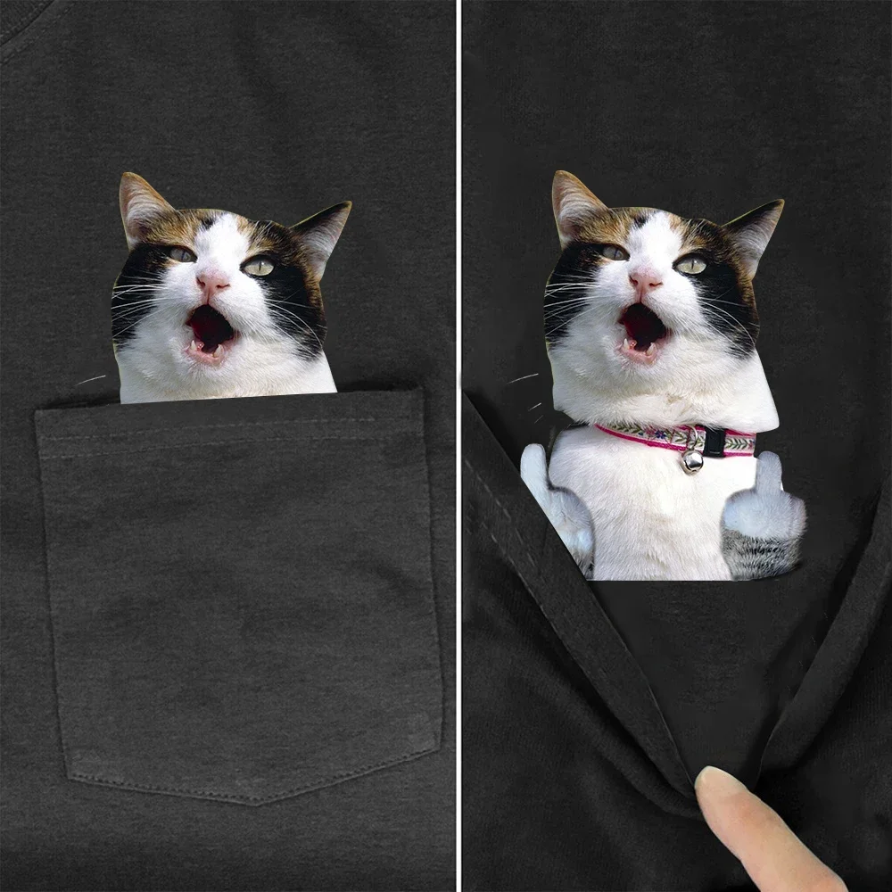 CLOOCL Animal T-Shirt Funny White Cats Middle Finger Pocket T-shirt Men's Women Shirts Summer Short Sleeve Tops Cotton Tees image 3