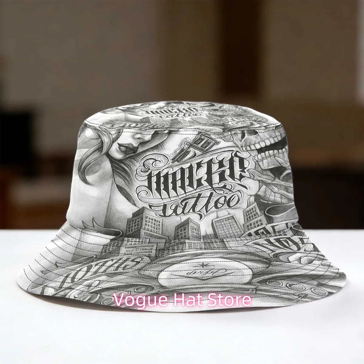 1pc Chicano Style Bucket Hat with Tattoo Art Design - Lightweight Durable Suitable for, Graduation, Back-to, Father' Day - Cultu
