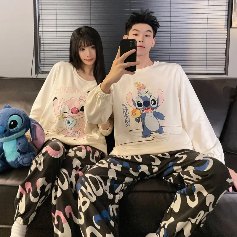 Disney Stitch Couple Pajamas Autumn with Chest Pad Crew Neck Long Sleeve Pants Two-piece Women's Pajamas 50% OFF Loungewear