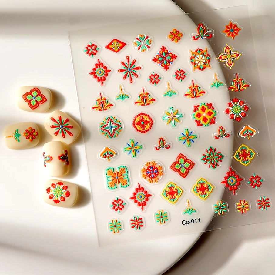 5D Embossed Bohemian Pattern Nail Art Stickers Retro Elegant Embroidery Boho Style Flower Decals Nails Decoration Supplies Tool