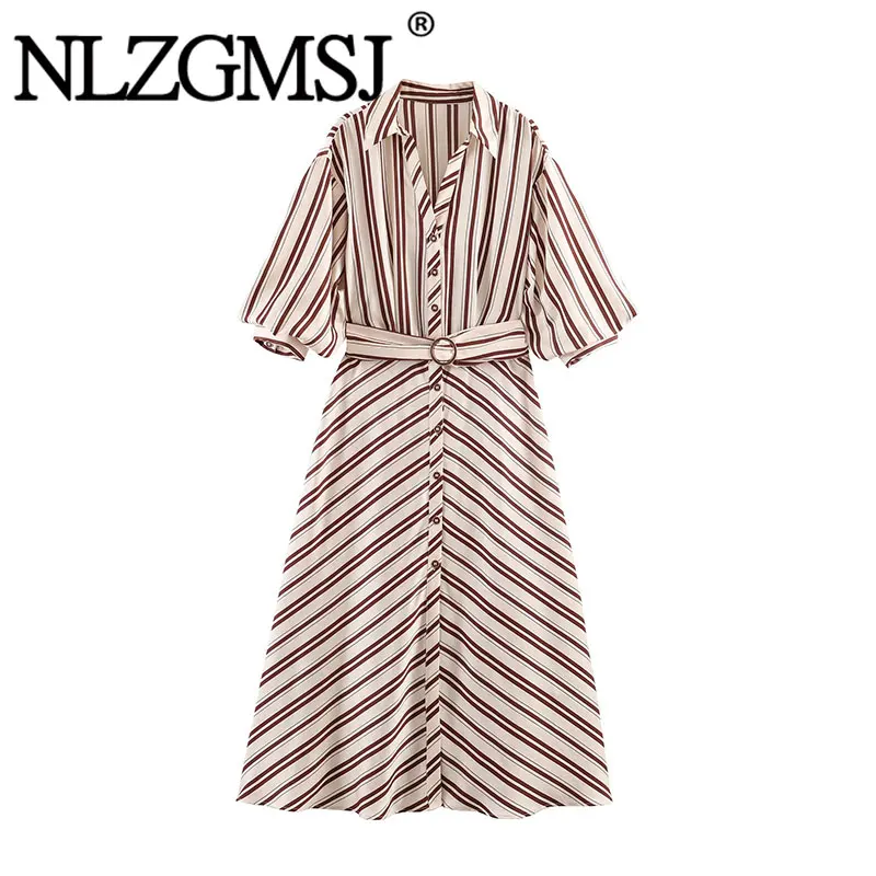 

NLZGMSJ 2026 Summer Stripe Shirt Style Women Casual Dress Single Breasted Short Sleeve Female Midi Long Dress With Belt Y2K