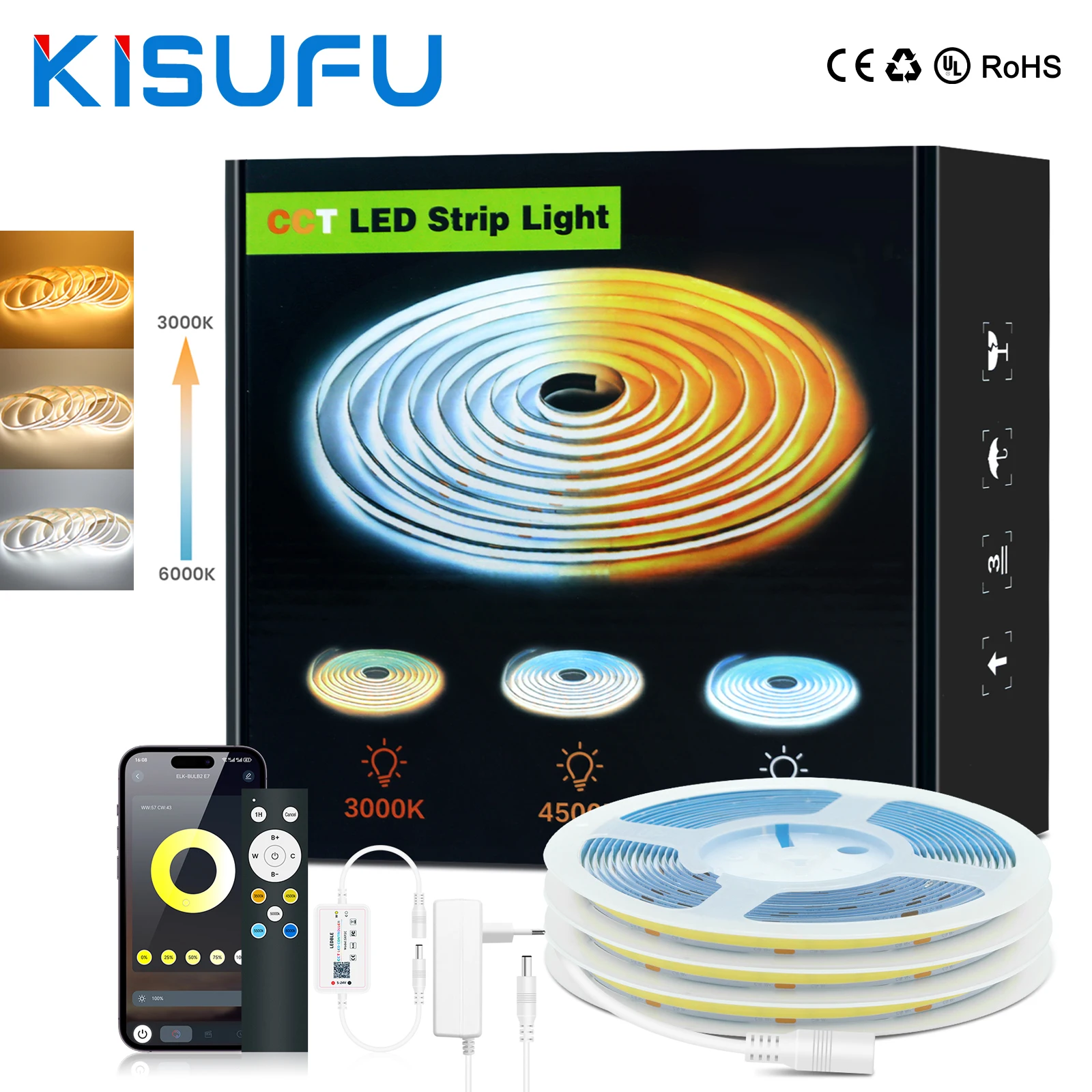 

Светодиодная лента Smart CCT COB с регулируемой яркостью, 24 В, 2700 К до 6500 К, сменная лента с дистанционным управлением через приложение Bluetooth, вилка европейского/американского стандарта, 5 м, 10 м