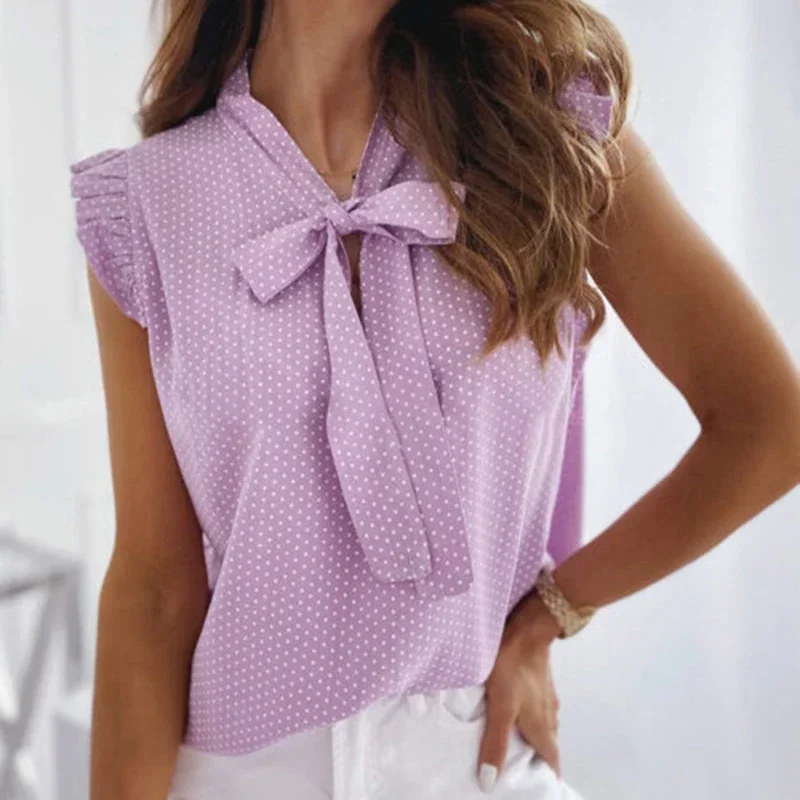 2022 Summer Women Elegant Ruffles Sleeveless Polka Pot Lace Up Tie Bow Blouses Shirts Casual Oversize Tops Sexy Pullover Tunic