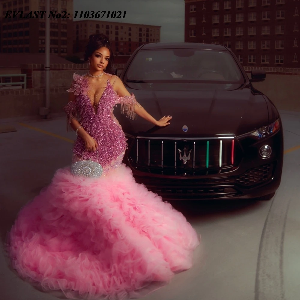 

EVLAST Customized Pink Ruffles Mermaid Prom Dress African Black Girls Crystal Beaded Evening Party Gown Robe De Soiree SP199