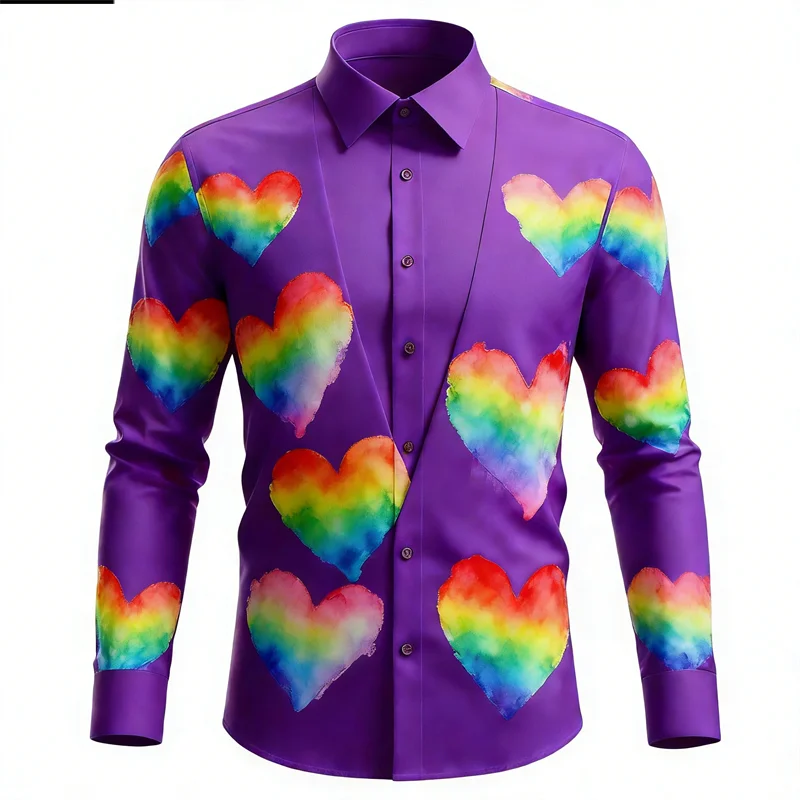 New men's long sleeved shirt casual and fashionable 3D heart-shaped print high-end lapel long sleeved shirt