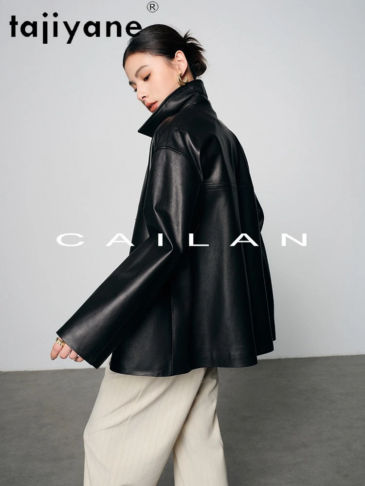TAJIYANE Oryginalna kurtka ze skóry owczej damska, płaszcz typu trencz średniej długości, stylowe kurtki ze skóry naturalnej, kolekcja jesień 2026, odzież damska, kurtka skórzana