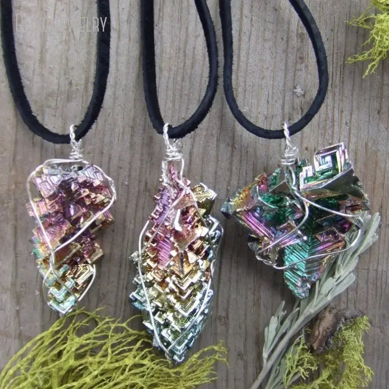 10pcs Silver Plated Wire Wrapped Rainbow Pure Bismuth Crystal Pendant Necklace Black Leather Boho Emo Chokers Gothic Y2k Jewelry