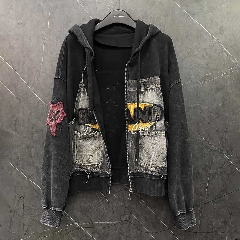 2025 Spring and Autumn Heavy Industry New Alphabet Patch Embroidery Loose Fashion Top Hooded Cardigan Sweater Jacket Women