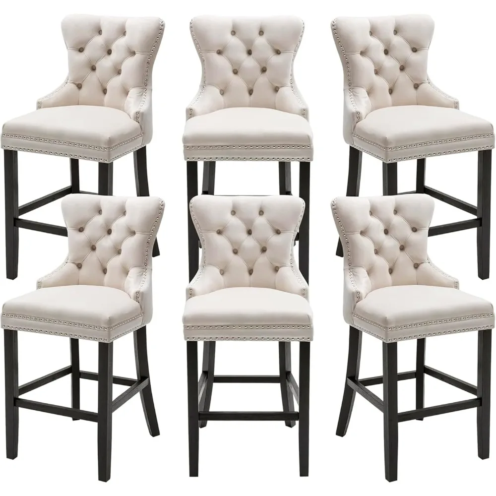 

26 Inch Bar Stools Set of 6, Velvet Seat Height Counter Height Barstools Button Tufted Backrest, Rivet Trim Bar Chairs