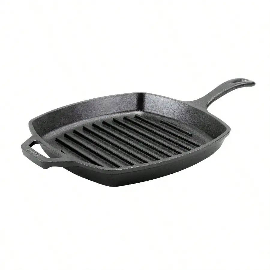 

10.25 Inch Square Seasoned Cast Iron Grill Pan - Pre-Seasoned & Non-Stick, Indoor/Outdoor Use