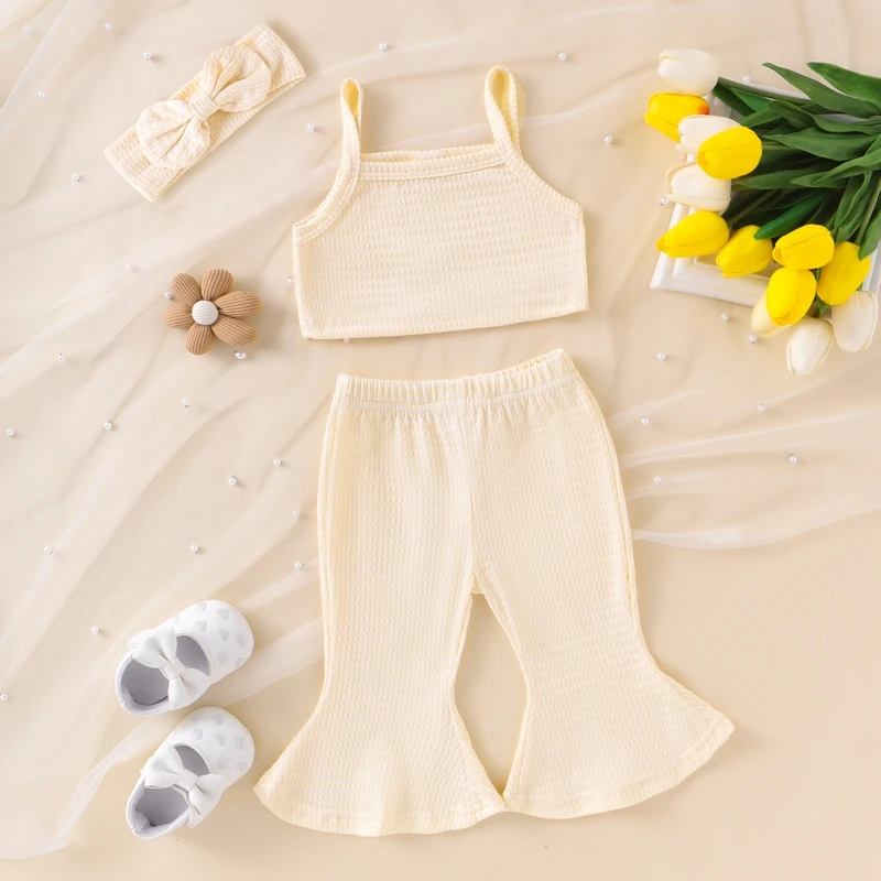 

Suefunskry Baby Girl Summer Outfits Solid Color Ribbed Sleeveless Tank Tops Flare Pants Headband 3Pcs Clothes Set