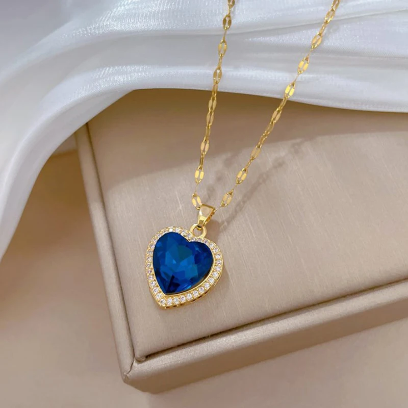 Stainless Steel Gold Plated Light Luxury Charm Blue Zirconia Heart Necklace For Women Girl Gorgeous Party Jewelry 2023
