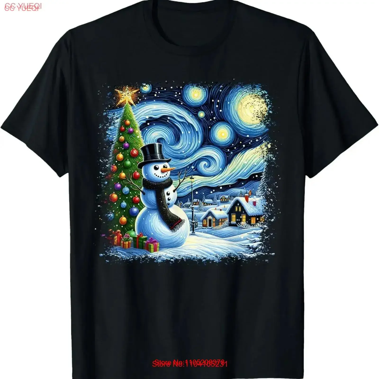 Van Gogh Starry Night Christmas Snowman Snowy Xmas T Shirt  vintage Washed Slightly Stretched Comfortable Soft Breathable