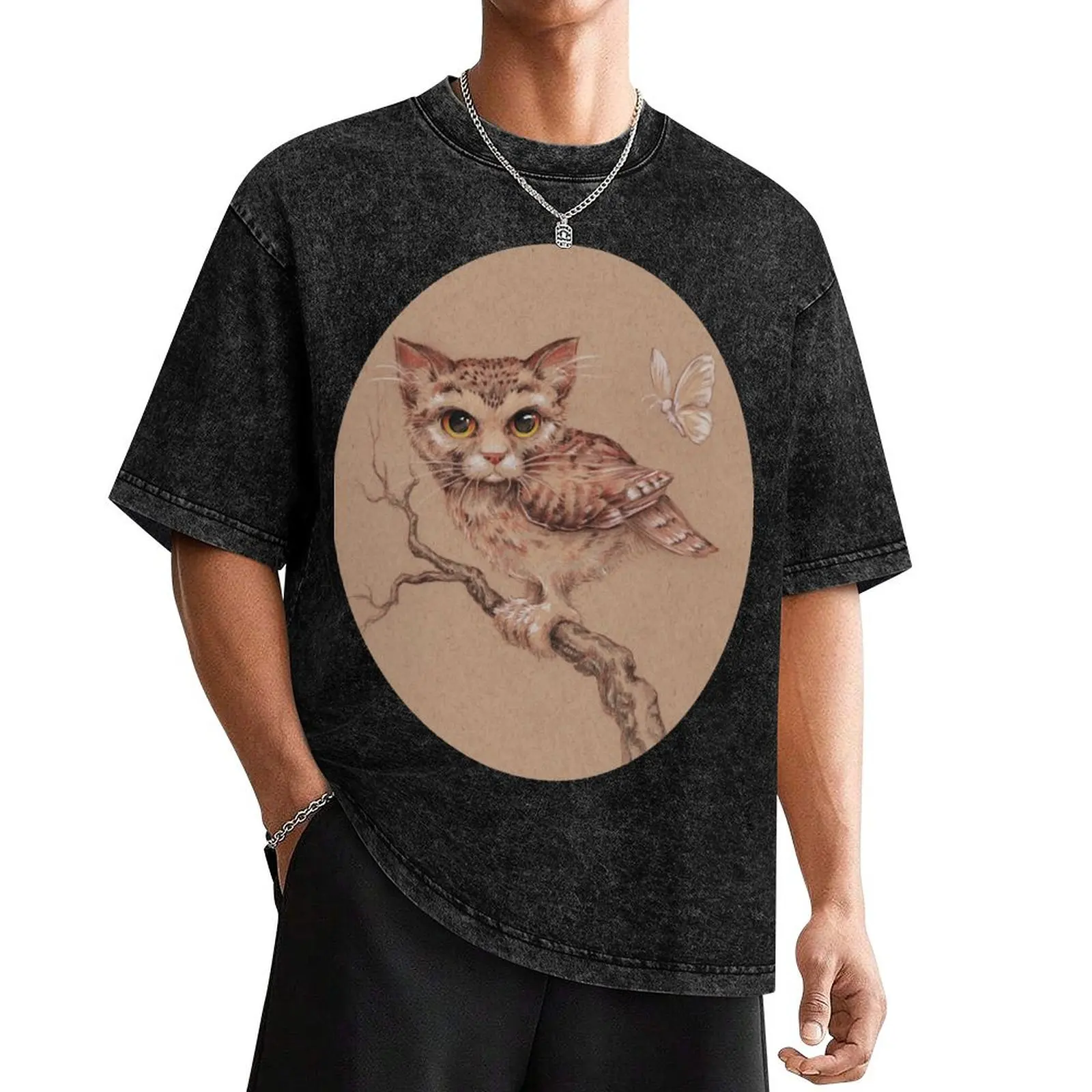 

Meowl and Moth - a treetop encounter T-Shirt Luxury man graphic t shirt vintage anime shirt Men's t shirts
