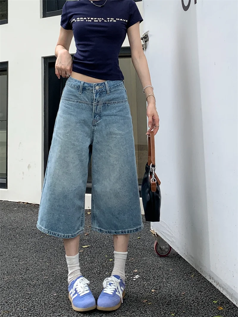 Women's Summer Light Blue Washed Denim Wide Leg Cropped Pants High Waist Loose Hide Hip Tall Look Slim Versatile In Stock