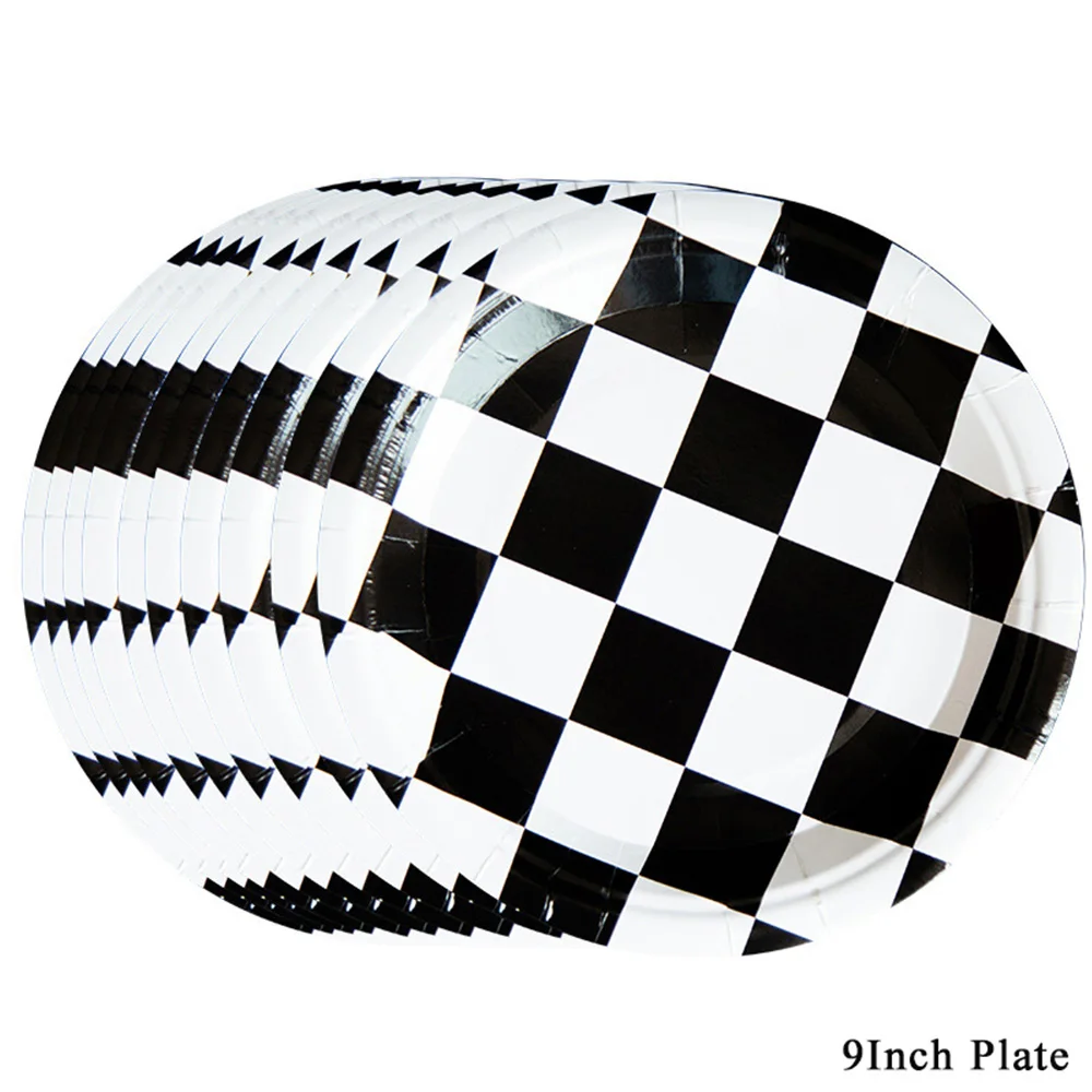 10/50 Stück Rennwagen-Pappteller, 17,8 cm und 22,9 cm, Schwarz-Weiß-Einwegteller, Rennthema, Party, Geburtstag, Babyparty-Zubehör – Detail 3