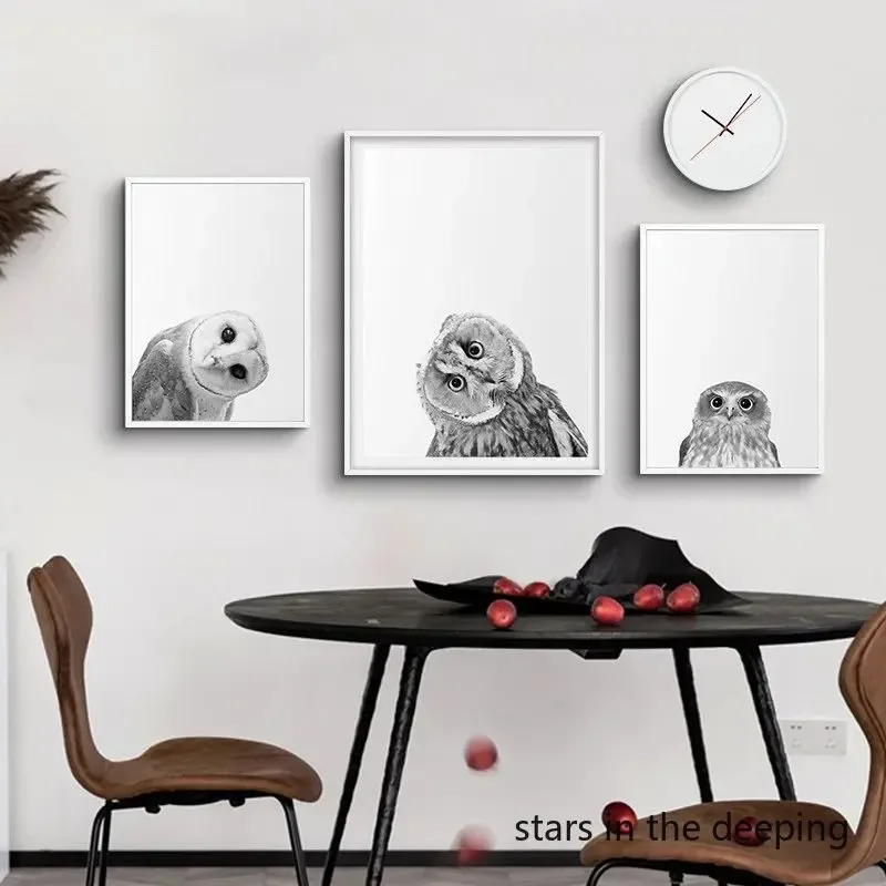 Cute Funny Black and White Crooked Owl Animal Birds Art Posters Canvas Painting Wall Prints Pictures for Living Room Home Decor