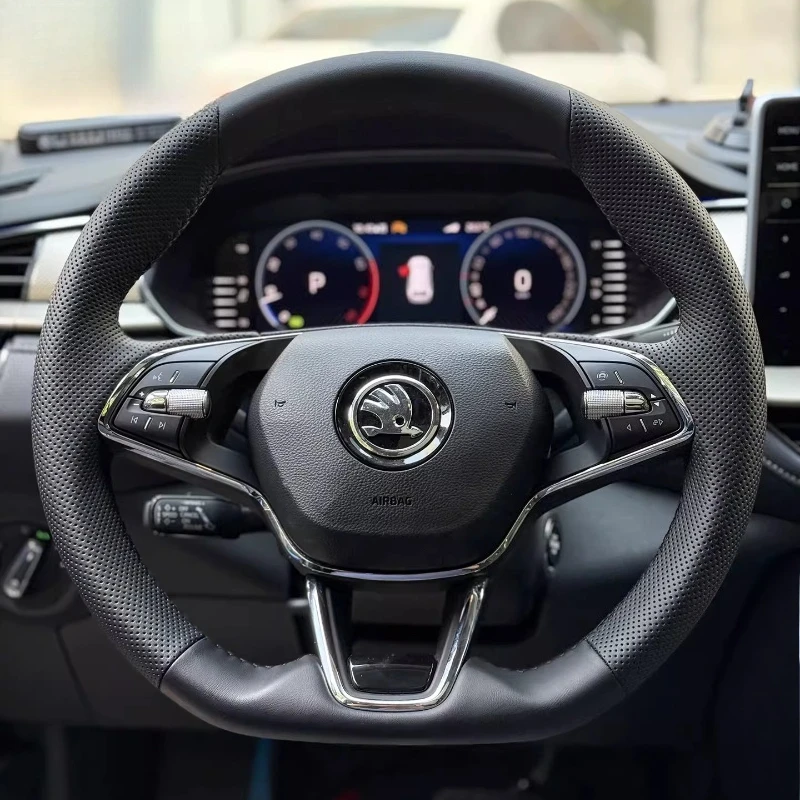 

Hand Stitched non-slip black Genuine Leather Car Steering Wheel Cover For Skoda Octavia PRO KAROQ 2021-2023 Auto parts