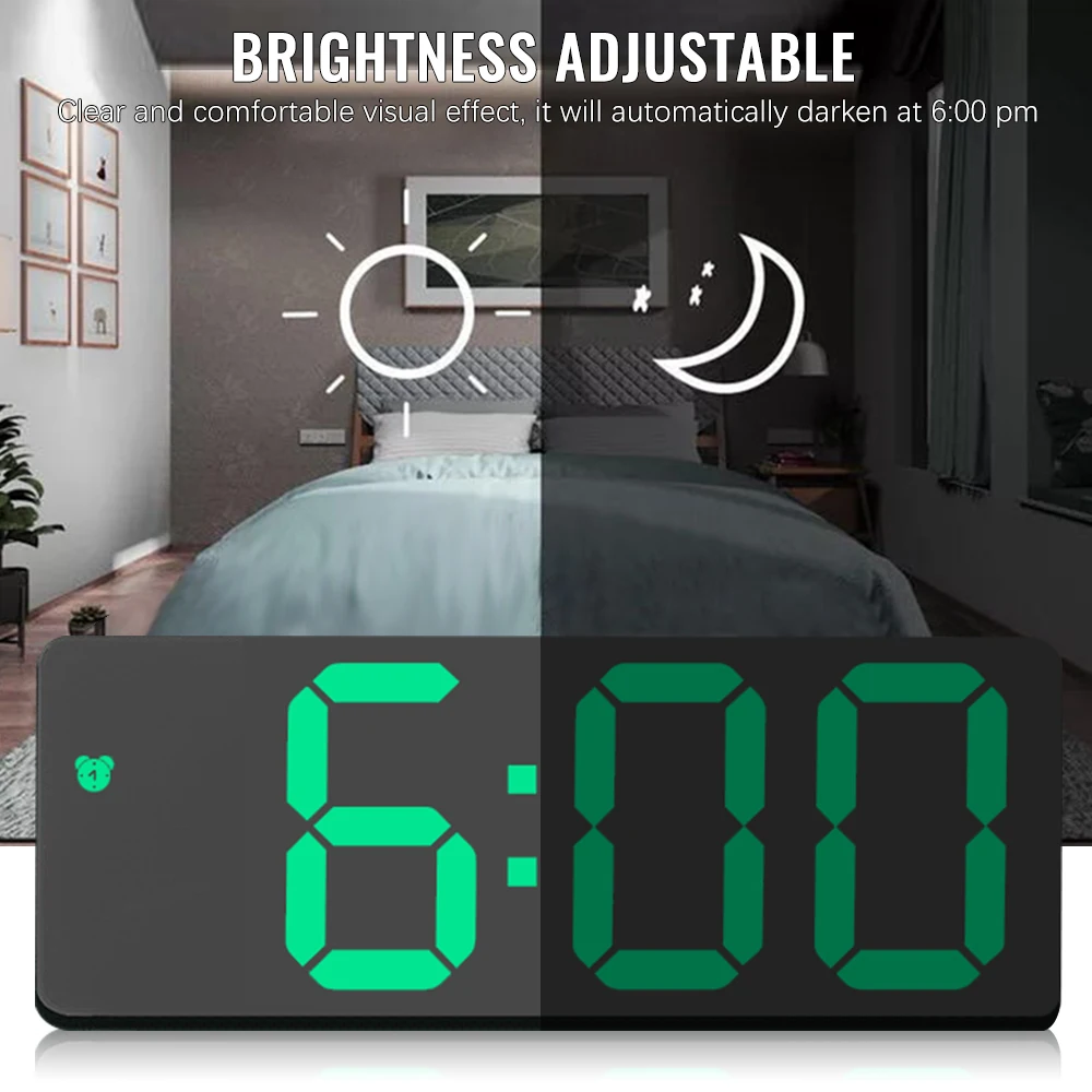 LED Mirror Alarm Clock Digital Snooze Table Clock Wake Up Light Electronic Large Time Temperature Display Home Decoration Clock