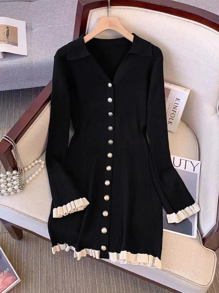 

Korean Fashion Polo Collar Long Sleeved Knitted Dress Sweet and Spicy Girl Contrasting Color Slim Fit Hip Hugging Mini Dress