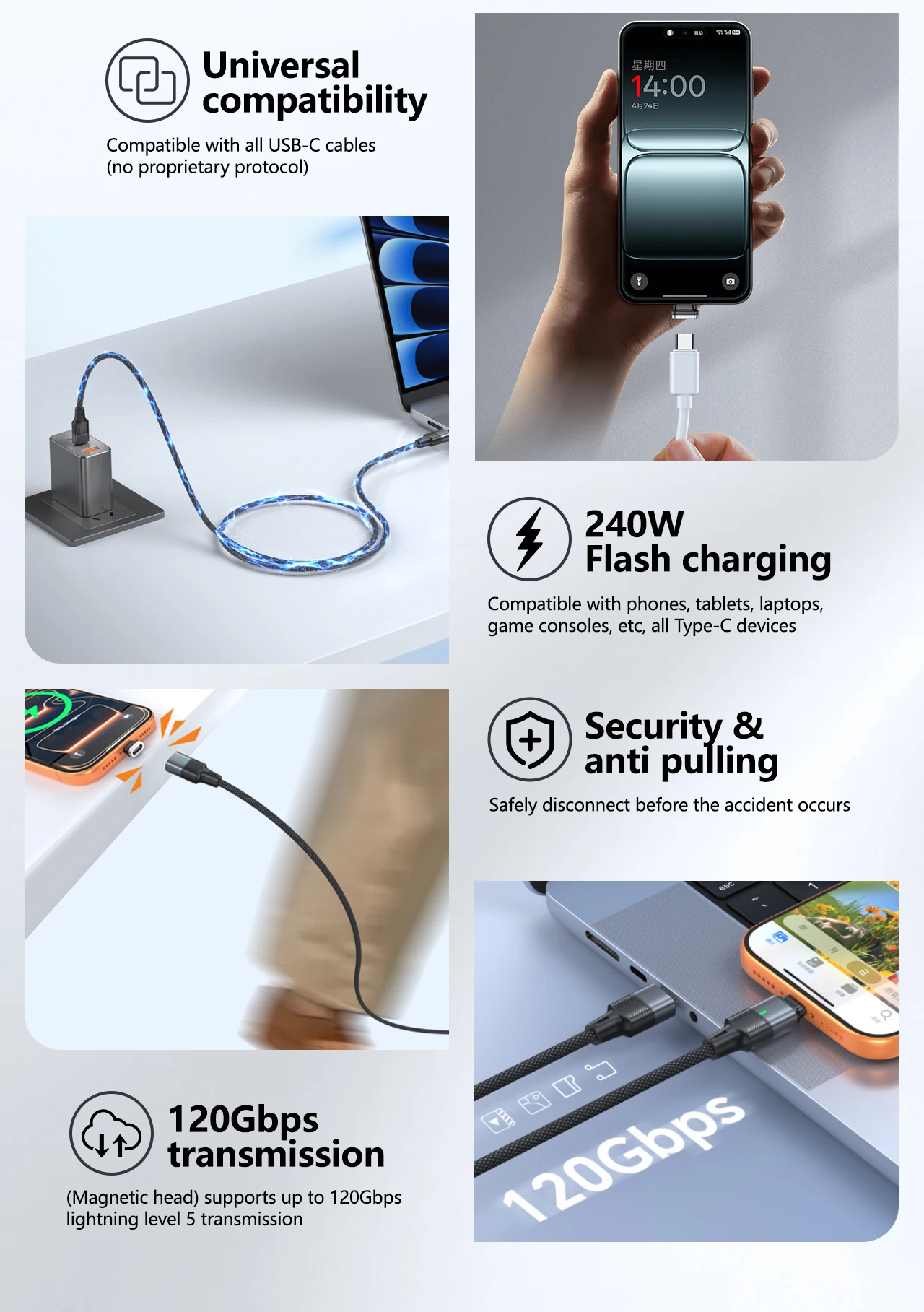 Boxiang Magnetic Plug 240W 48V5A Magnetic USB-C Cable PD3.1Fast Charge 120Gbps High Speed Data Sync Dual Use Type C Charger Wire