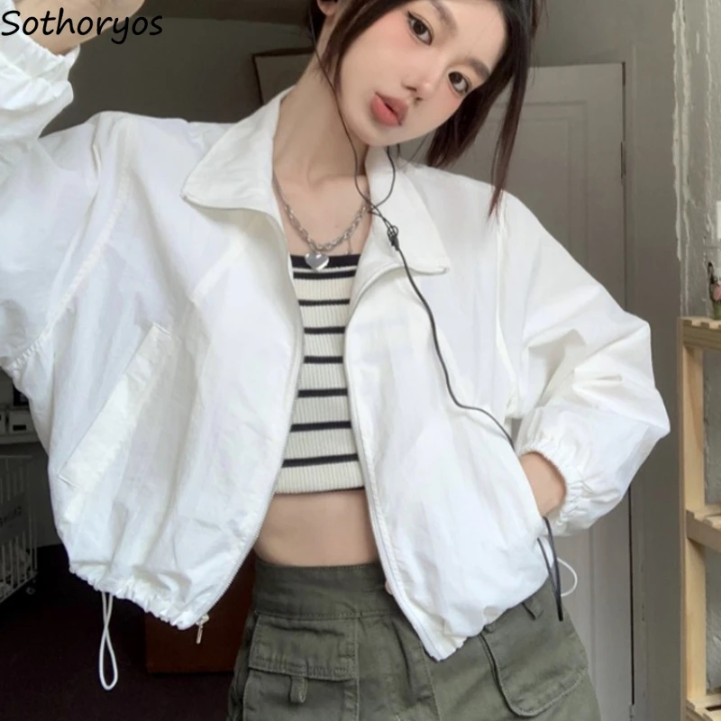 

Sun-proof Cropped Jackets Women Simple Zip-up Coat Loose Fashion Streetwear All-match Soft Stand Collar Breathable Korean Style