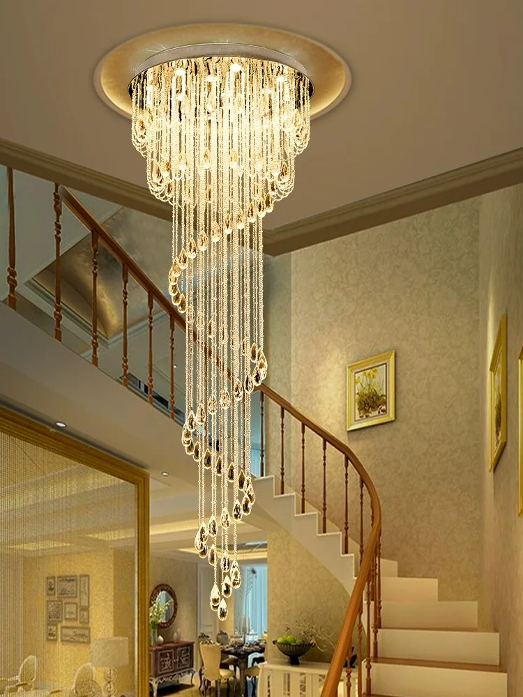 

Modern Raindrop Crystal Long Ceiling Chandelier Luxury Flush Mount Lighting Fixture Foyer Staircase Lobby Villa Loft Living Room