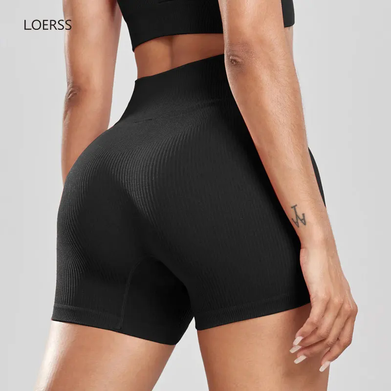 LOERSS Women\'s 2 Piece Yoga Shorts Seamless Ribbed High Waist Cross Over Athletic Leggings Workout Cycling Fitness Sports Shorts