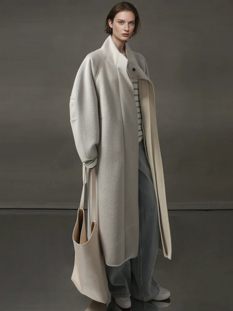 ZMEENNA femmes élégant gris laine mélange Long manteau élégant revers Design décontracté coupe ample hiver pardessus mode moderne ZM3471