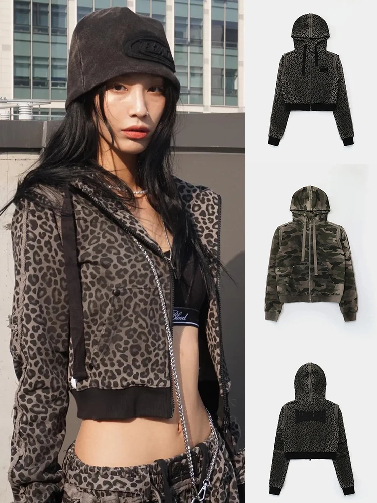 Sudadera con Capucha Estilo Americano Retro con Estampado de Leopardo, Chaqueta Deportiva Casual para Mujer, Estilo Urbano Desgastado, Cierre de Cremallera, Corte Corto
