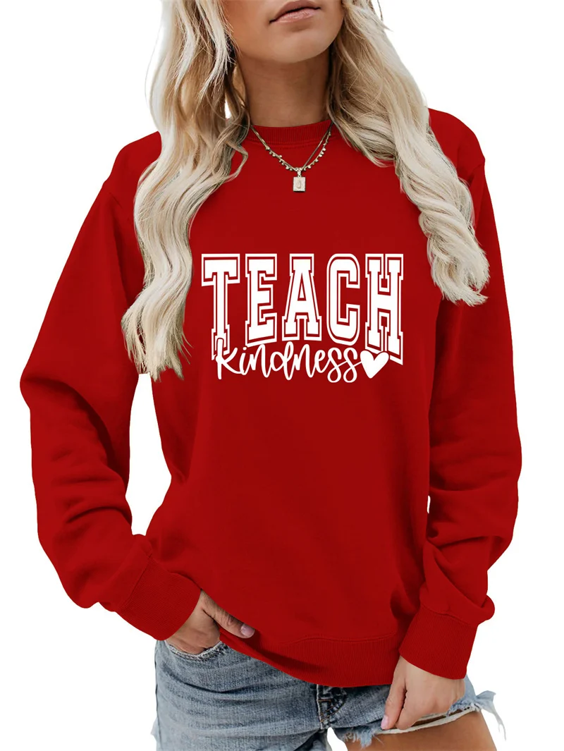 New cotton female teach kindness letter printing simple large size comfortable round neck long sleeve sports hoodie