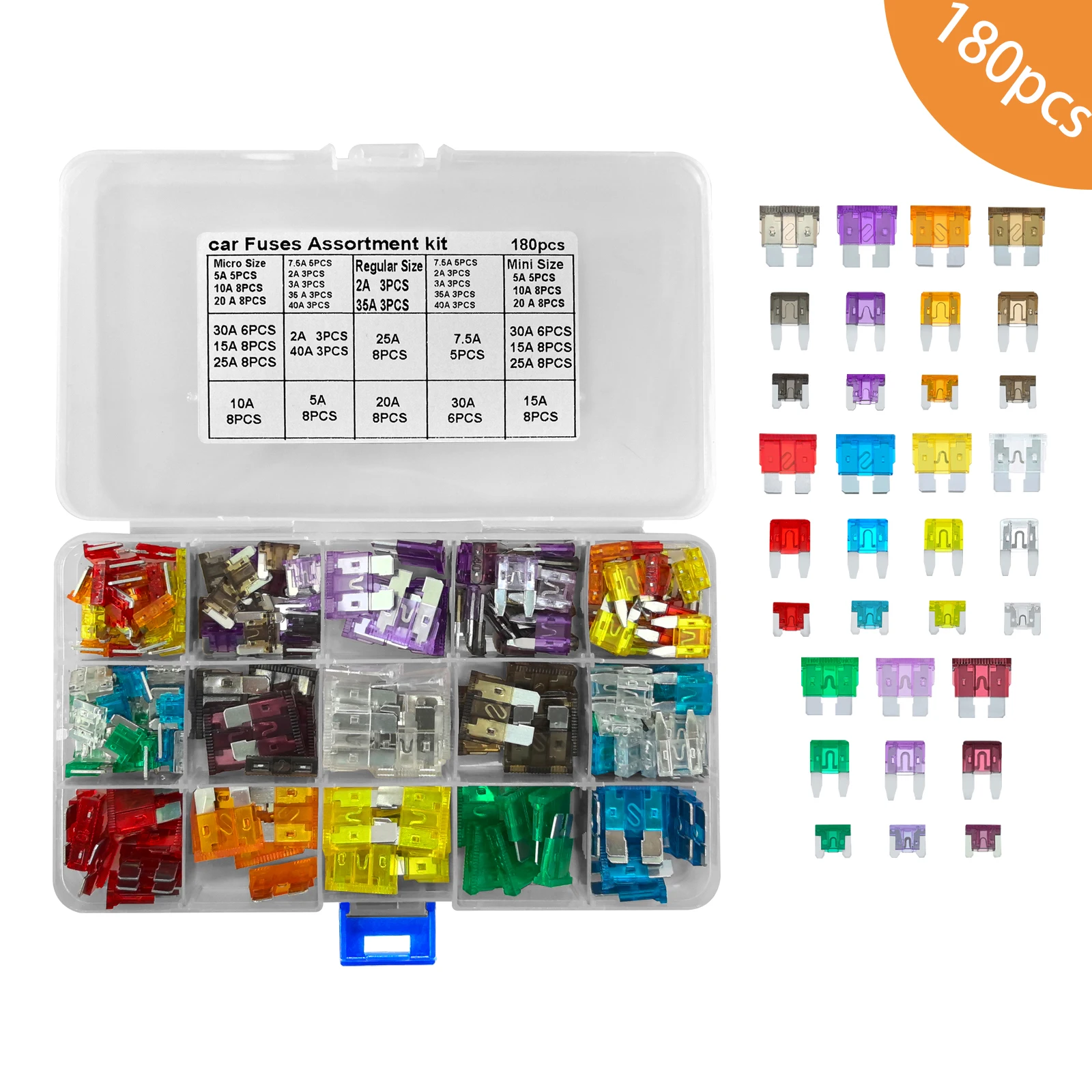 180Pcs Automotive Fuse Kit ATO ATC Blade Type for Marine Use 2A 3A 5A 7.5A 10A 15A 20A 25A 30A 35A 30A Car fuses Accessory Kit