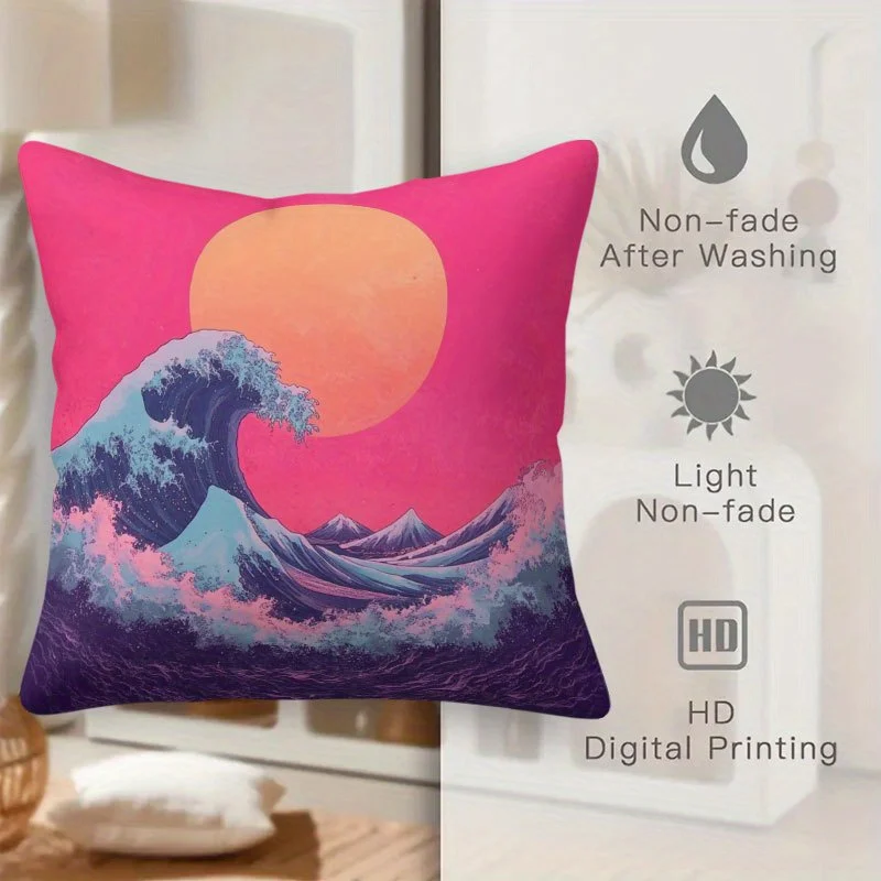 1pc 2D Flat (Pillow Not Included) Pink Sunset Wave Art Cushion Cover Short Plush Ocean Theme Decor Throw Pillow Case