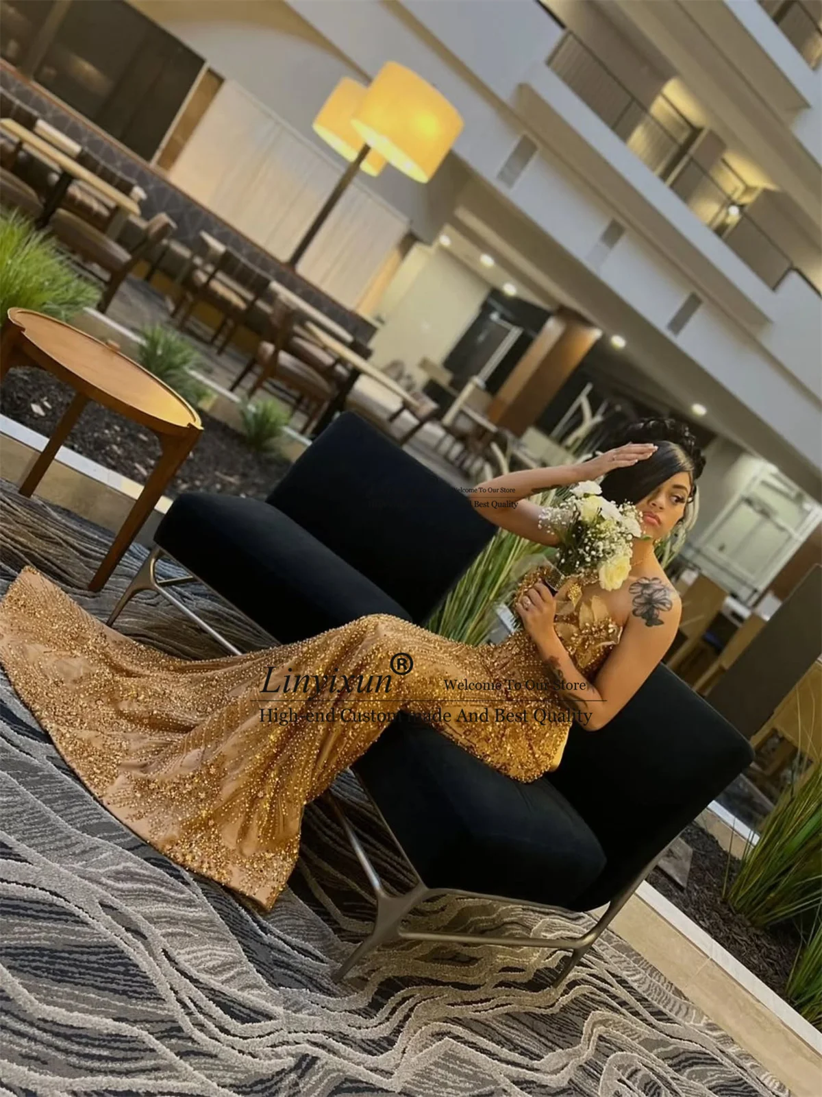 麻生エビ グリッター スパンコール マーメイド プロムドレス キラキラ ビーズ クリスタル イブニングドレス ロング アフリカ ラインストーン ウェディング パーティードレス