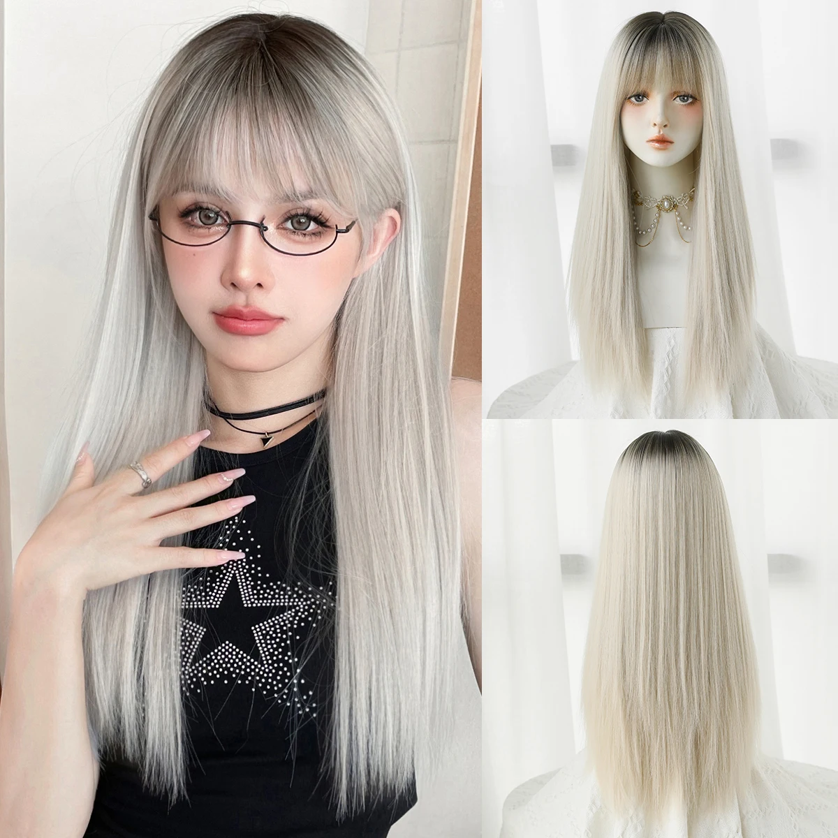 

7JHH WIGS Long Straight Beige Wig for Women Synthetic Layered Heat-Resistant Modest Fashion Wear and Go Wigs with Neat Bangs