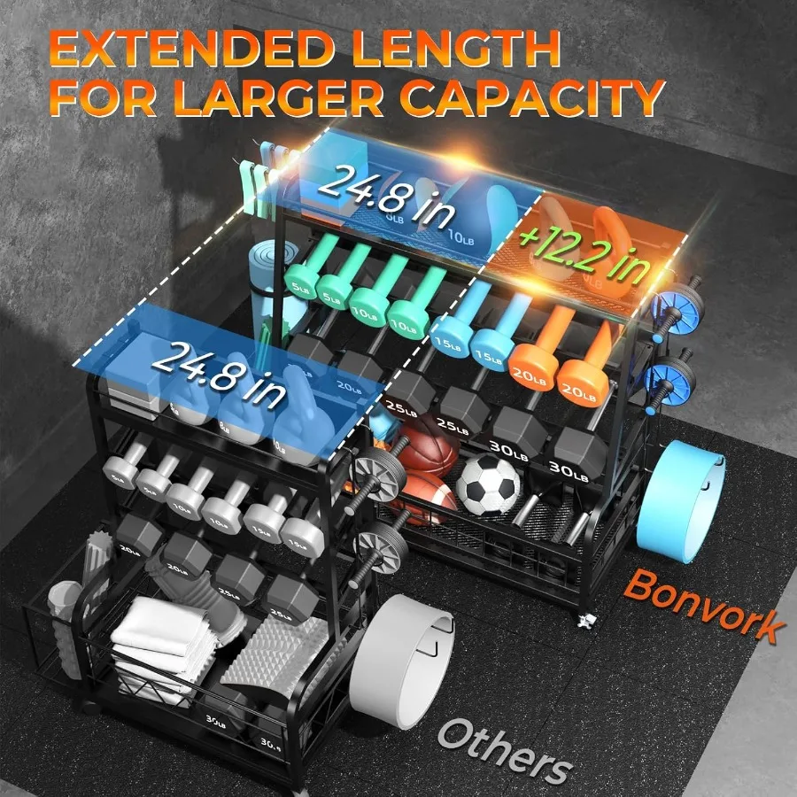 ชั้นวางดัมเบล - ชั้นวางน้ำหนักปรับระดับได้ 4 ชั้น สำหรับดัมเบล ชั้นวางเก็บอุปกรณ์ออกกำลังกายที่บ้าน สำหรับเสื่อโยคะ ลูกกลิ้งโฟม และเคตเทิลเบล