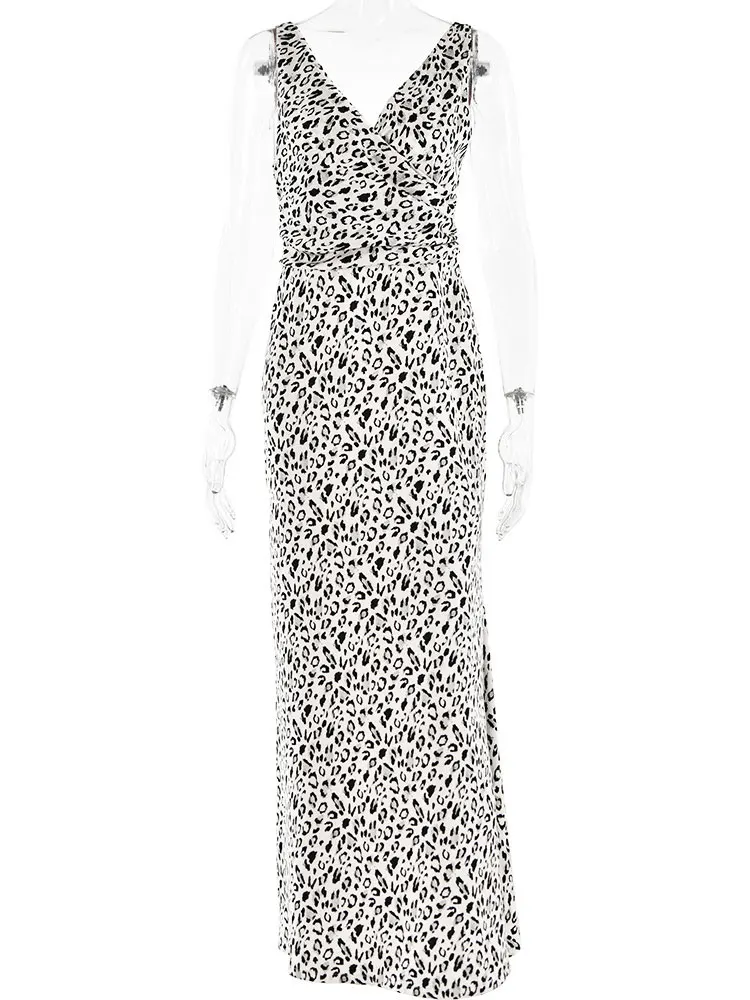 GACVGA 2024 Spring Elegant Deep V Neck Backless Slim Long Dress Women Sexy Leopard Print Slip Party Club Evening Maxi Dress